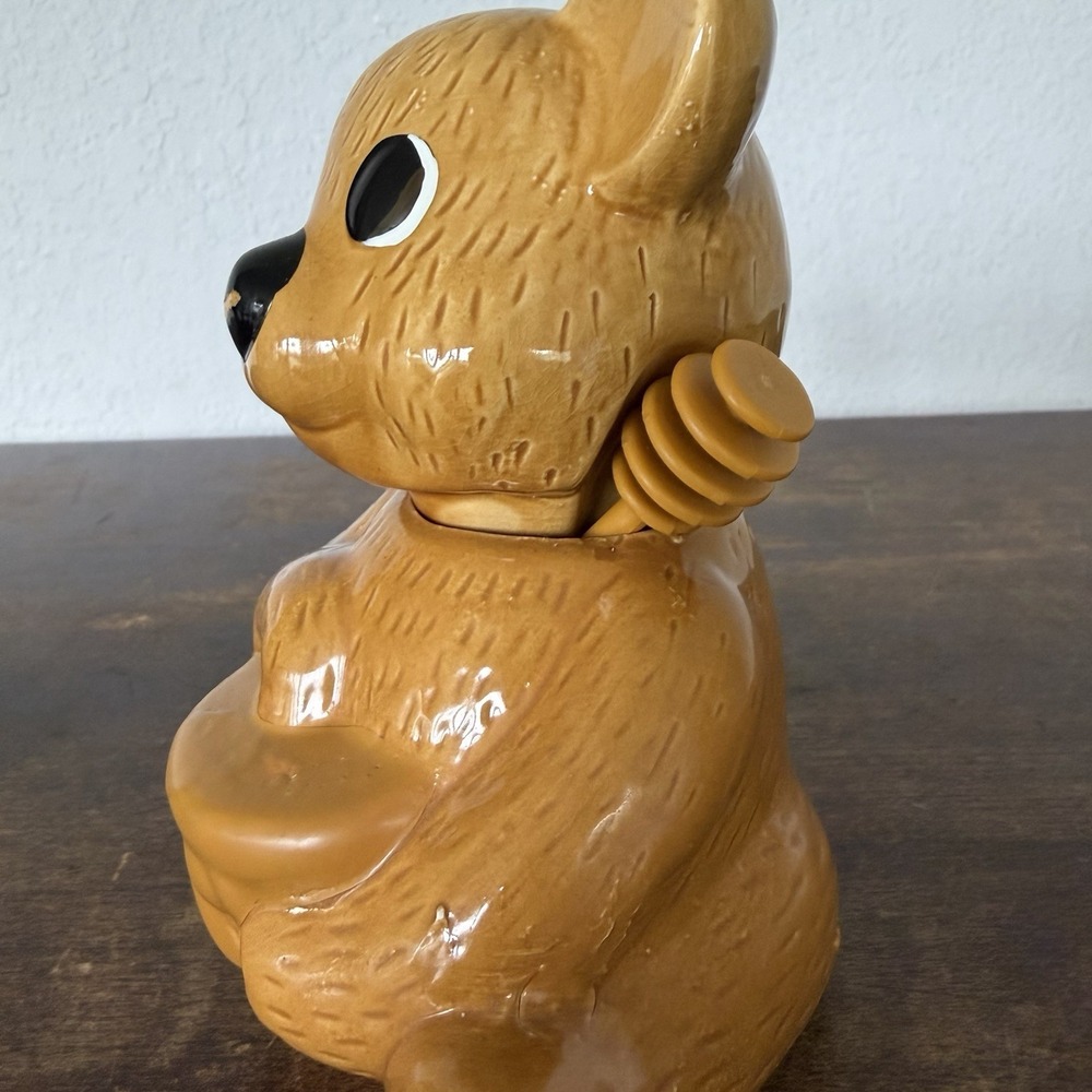 Vintage Ceramic Teddy Bear Honey Pot Jar with Removable Head And Honey Dipper - Picture 2 of 5